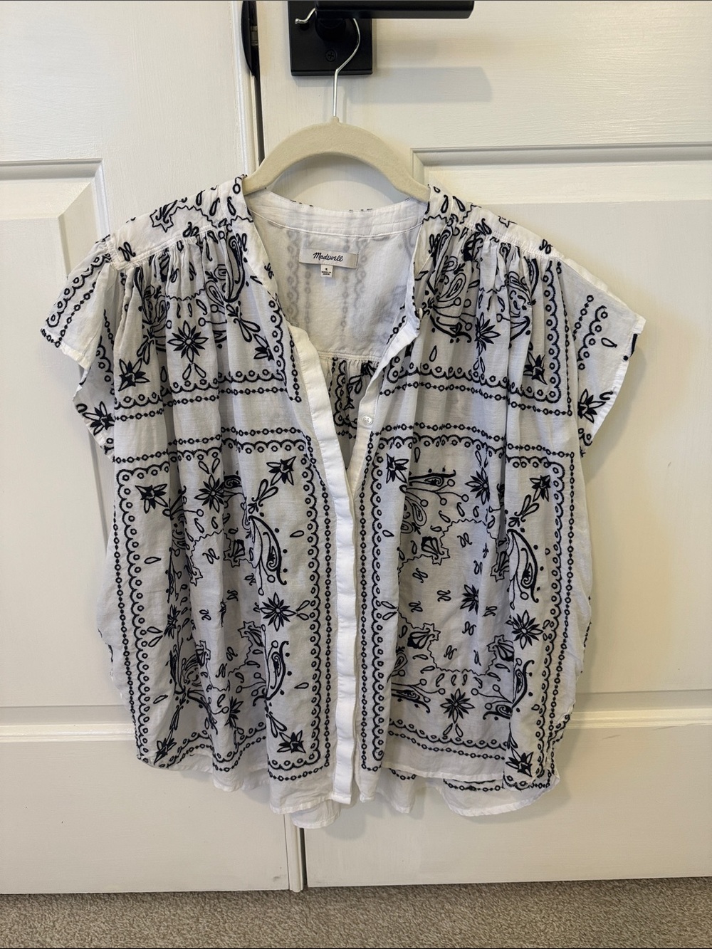 Madewell White Cotton Bandana Print Short Sleeve Blouse